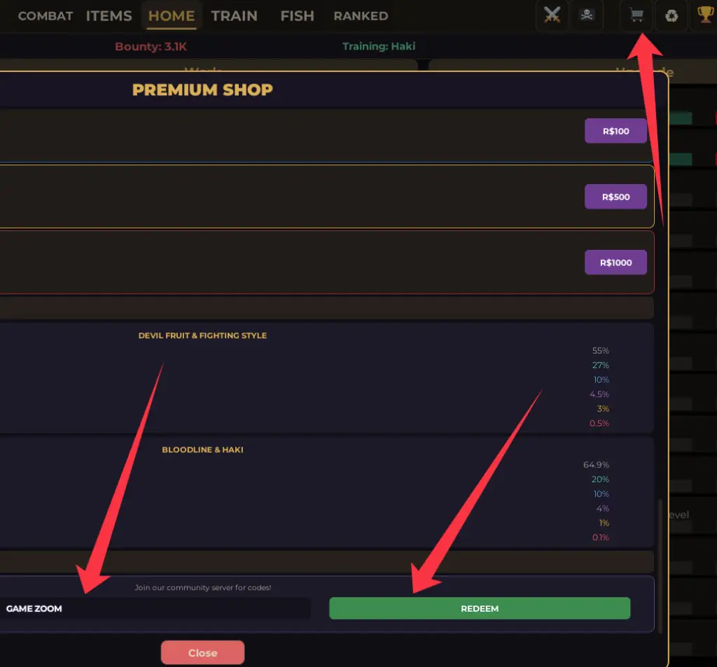 Где вводить коды Fruit Piece Incremental