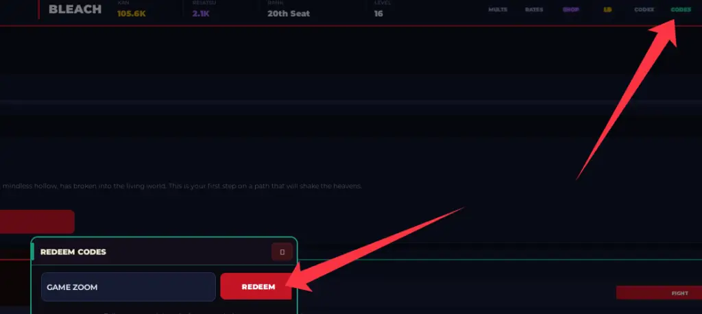 Where to enter Bleach Incremental codes?