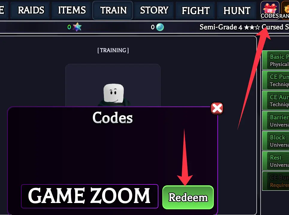 Where to enter Jujutsu Incremental codes?